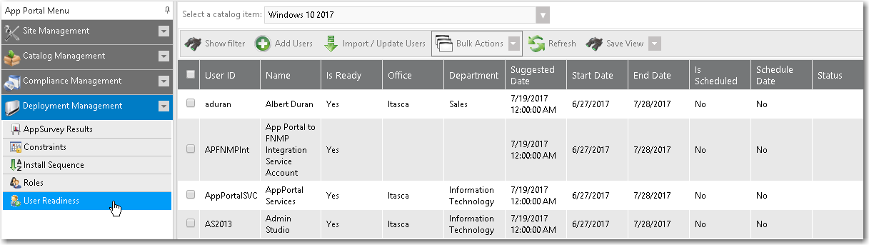 Deployment Management > User Readiness View