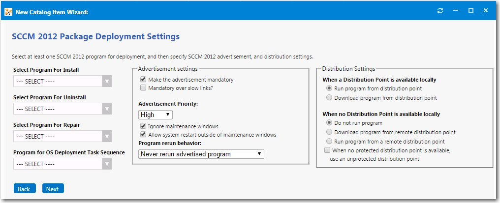 ConfigMgr/SCCM 2012 Package Deployment Settings Panel / New Catalog Item Wizard